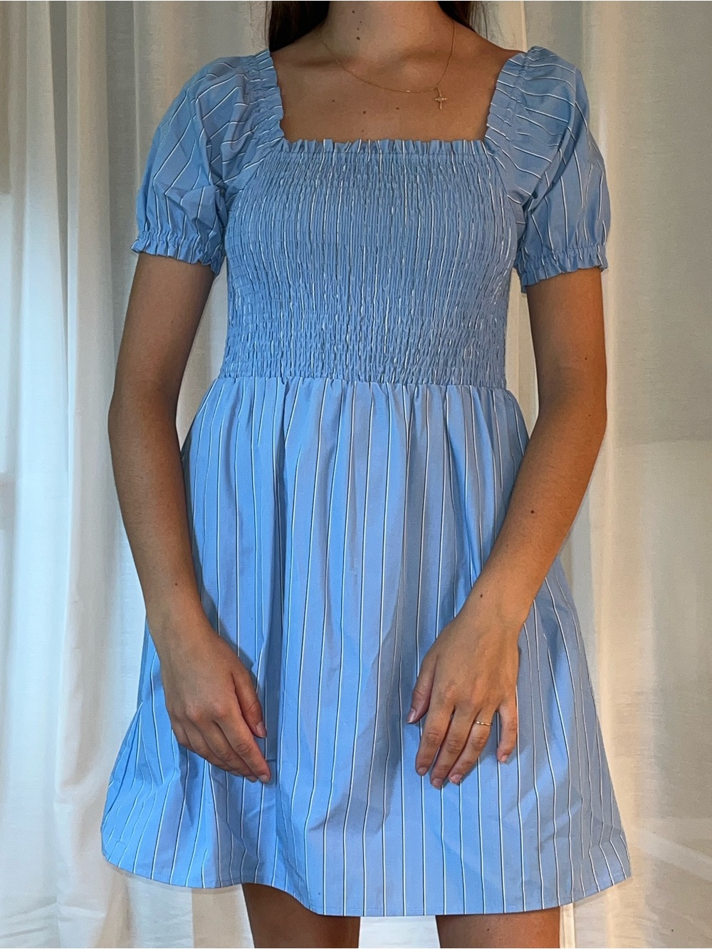 Simons Light Blue Pinstriped Smocked Square-Neck Mini Dress